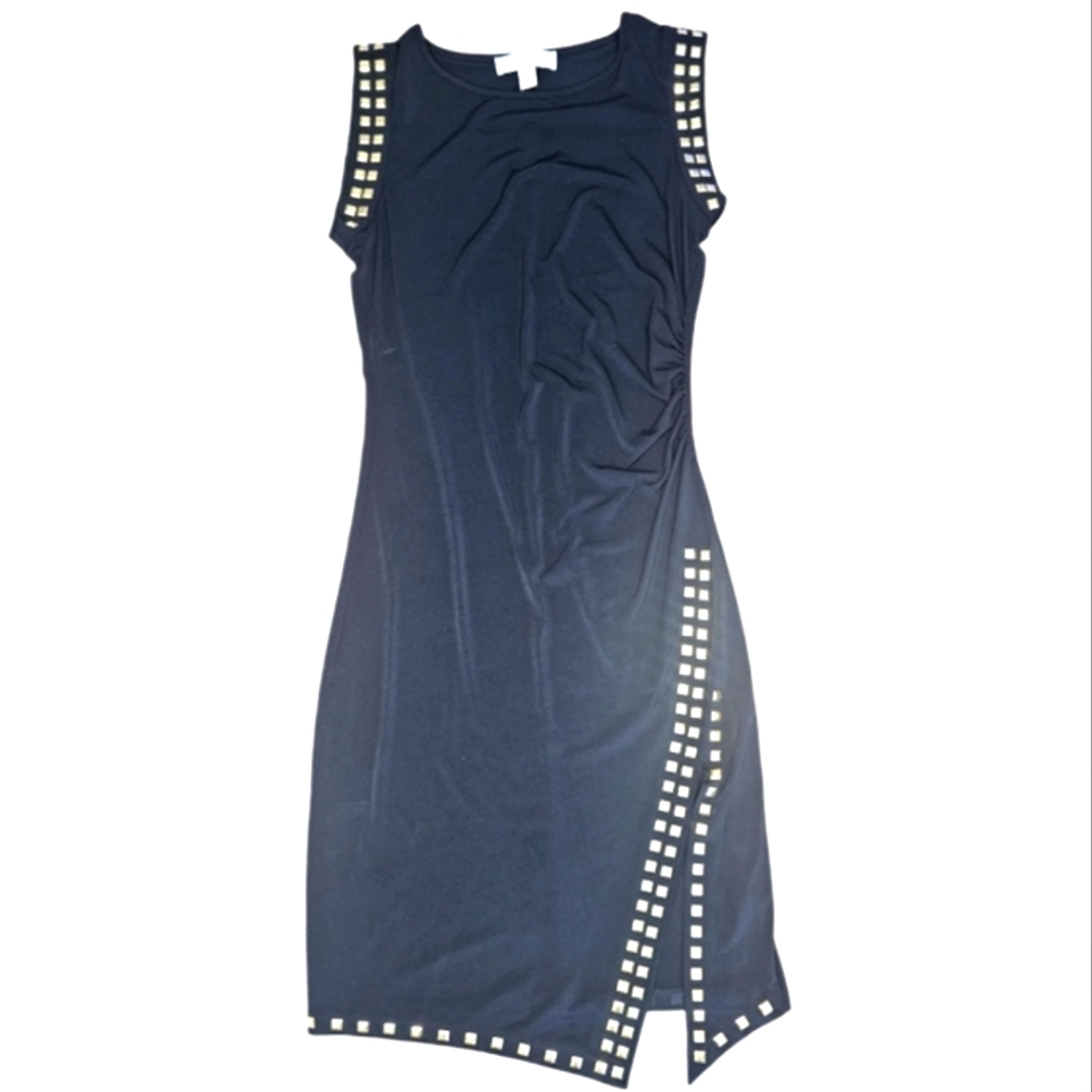 Michael Kors Gold Studded Trim Asymmetrical Sheath Dress Black